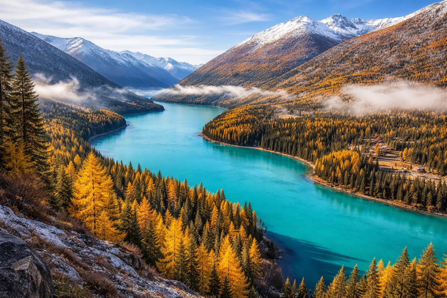 Kanas Lake turquoise water with golden autumn forest panorama.webp