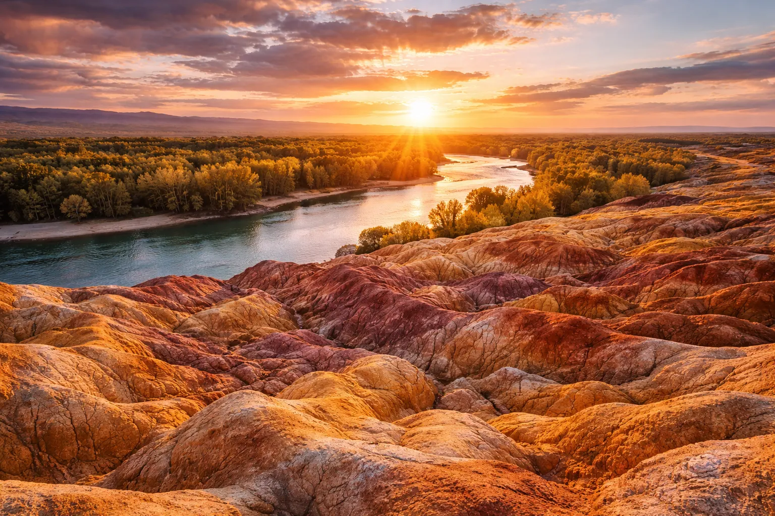 Wucai Beach colorful Danxia landforms glowing at sunset in Xinjiang.webp