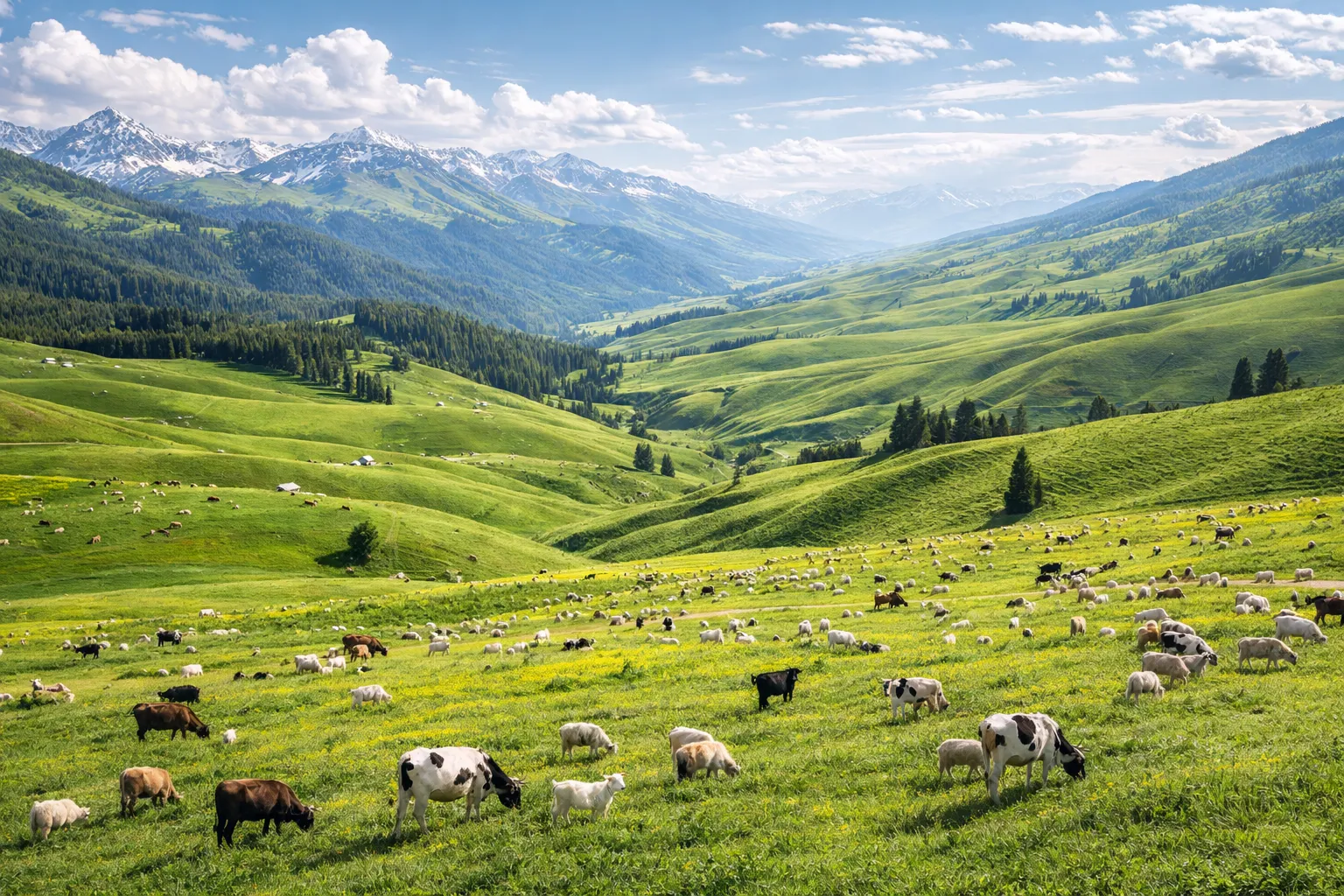 Ili Grasslands and Nalati summer meadow with grazing cattle and snow-capped mountains in Xinjiang.webp