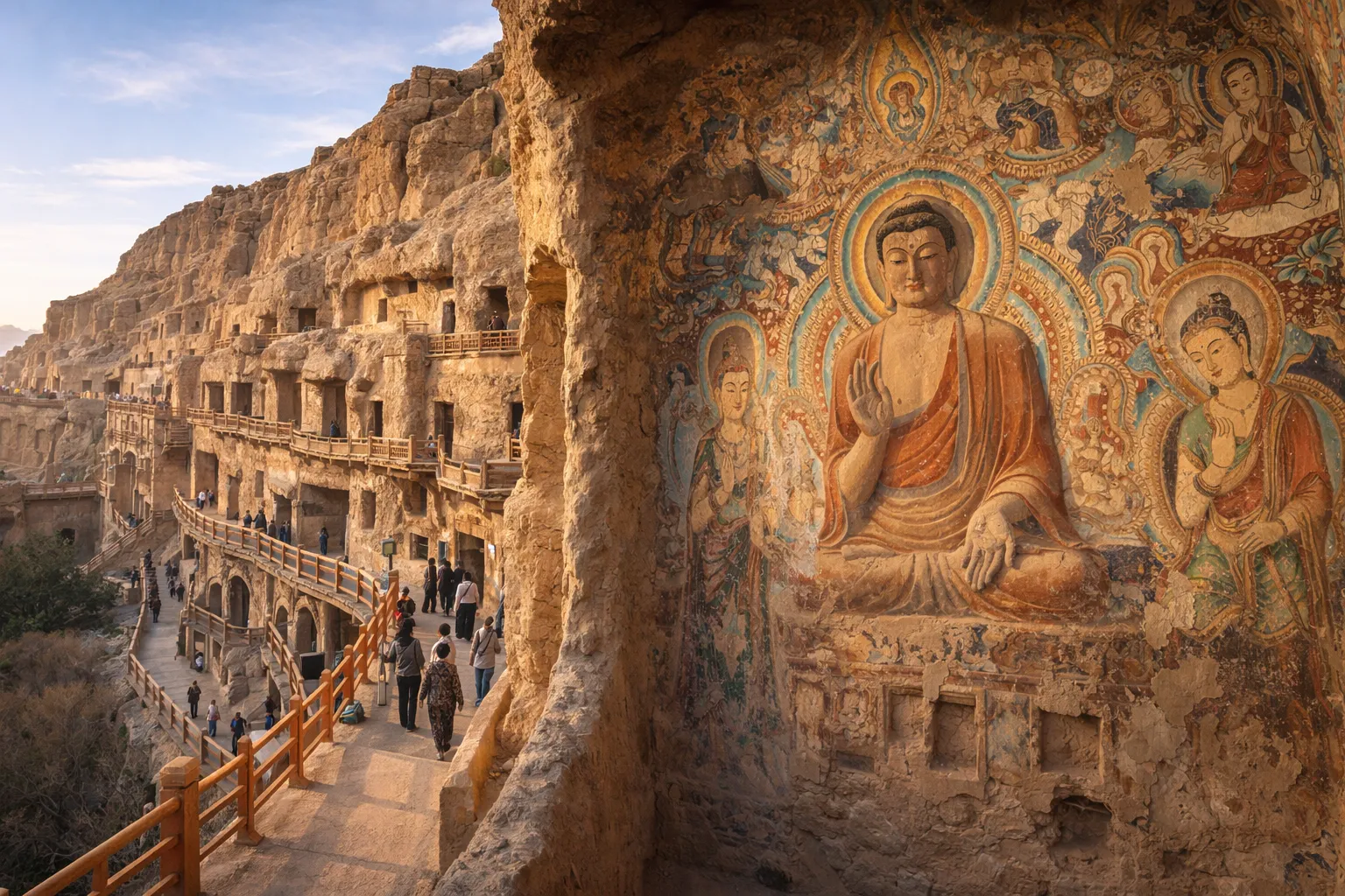 克孜爾千佛洞石窟外觀與古代佛教壁畫寫實照片.webp