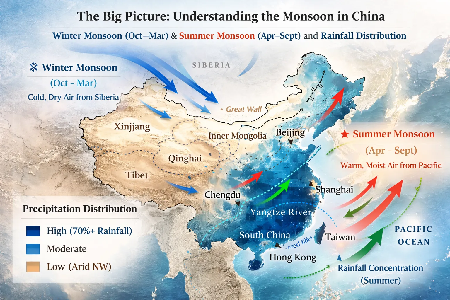 China monsoon map with winter and summer wind arrows and rainfall distribution shading.webp