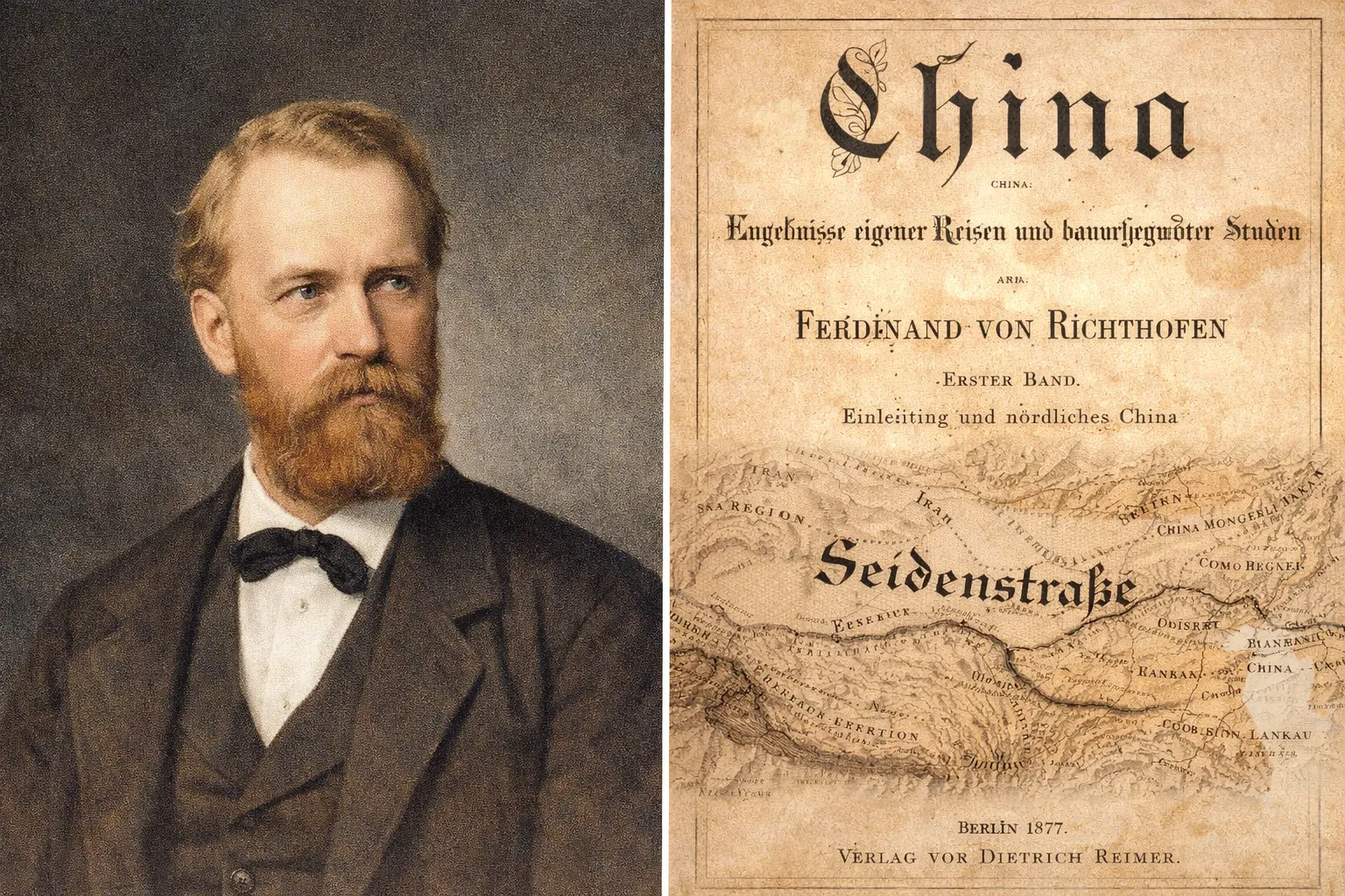 Portrait of Ferdinand von Richthofen and 1877 “Seidenstraße” book map cover.webp