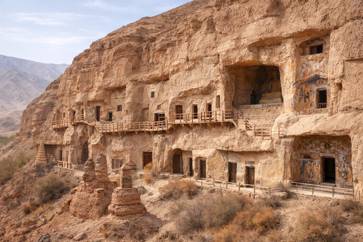 Kizil Thousand Buddha Caves carved into desert cliffs in Xinjiang.webp