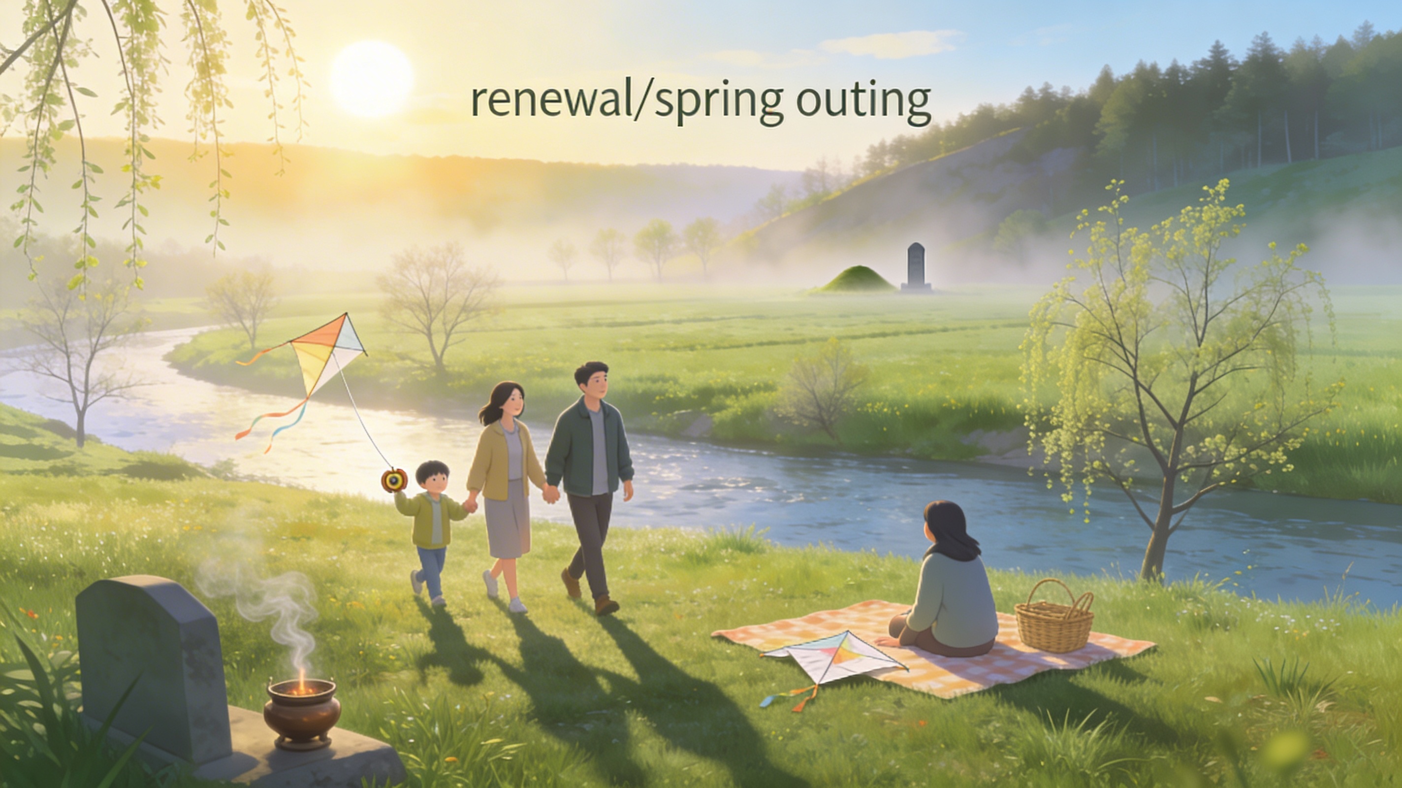 Family spring outing in a misty early‑spring countryside..png