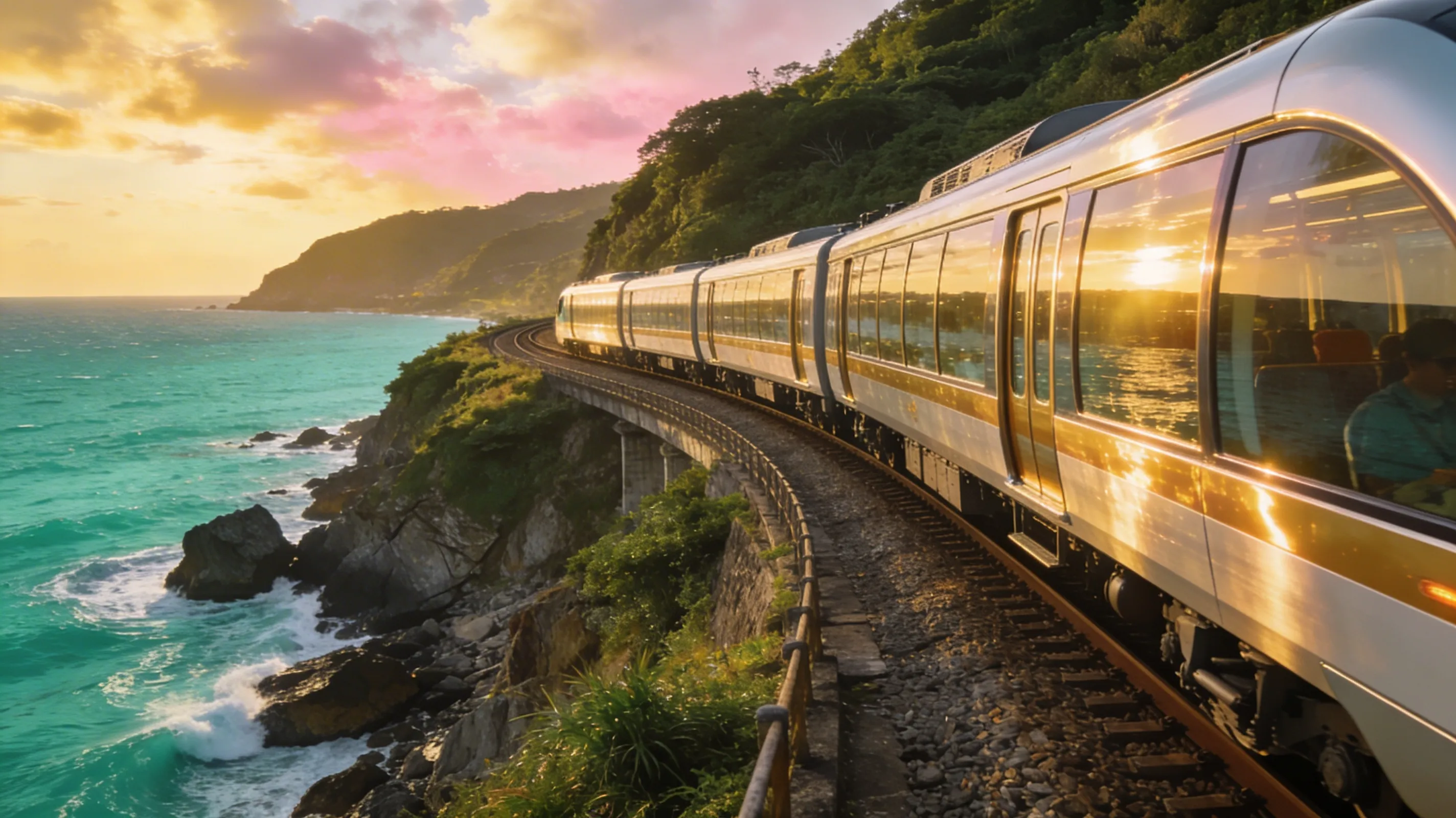 台灣海岸線旁行駛的奢華觀光列車，夕陽金色光線映照在碧綠海面與綠色山坡上.webp