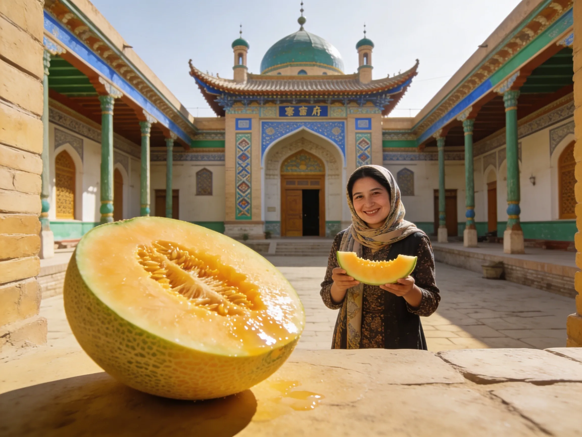Hami King’s Palace with a freshly cut Hami melon, blending historic architecture with local flavor.webp