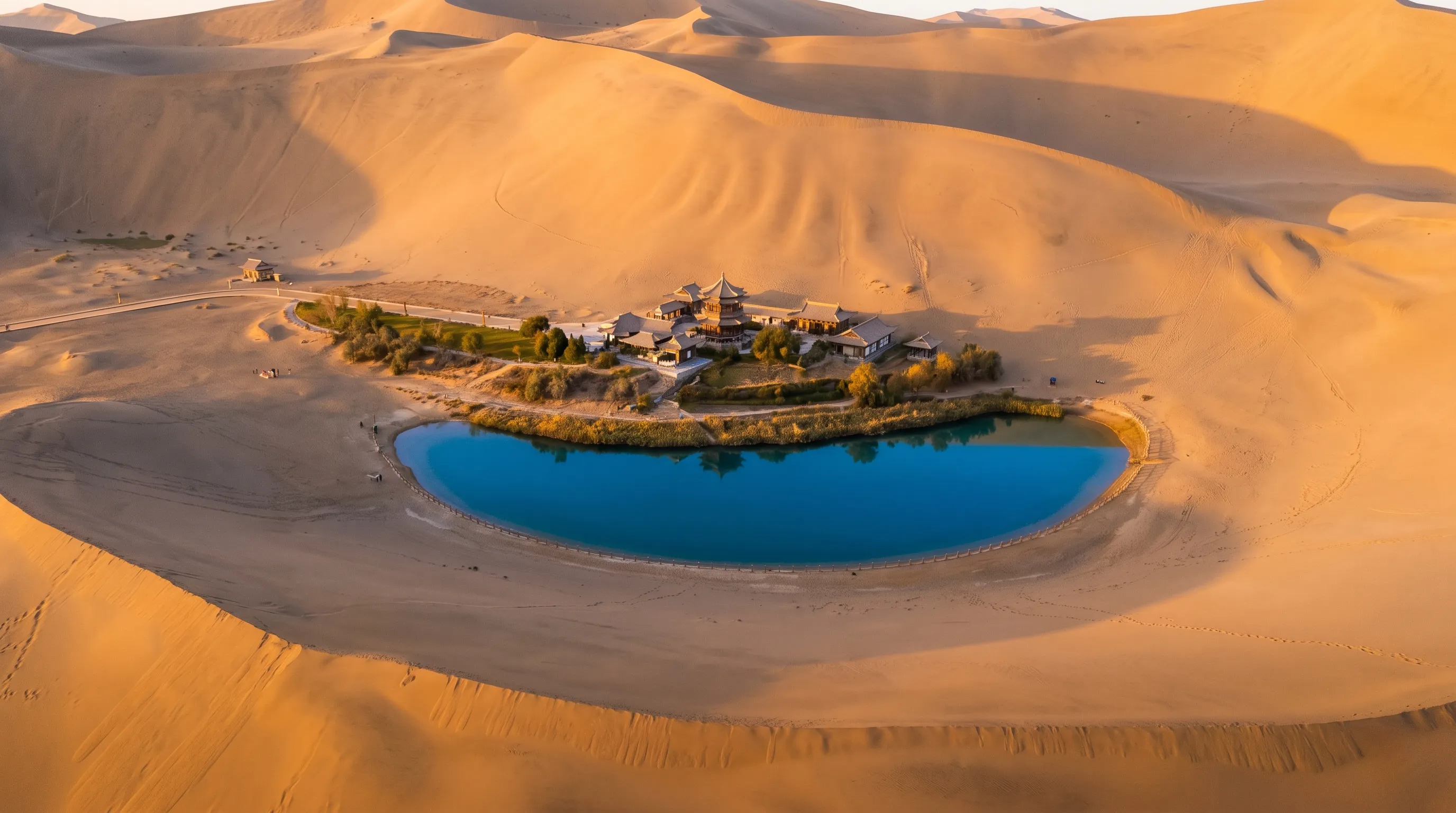 Aerial view of Crescent Lake oasis surrounded by golden sand dunes in Dunhuang at sunset.webp