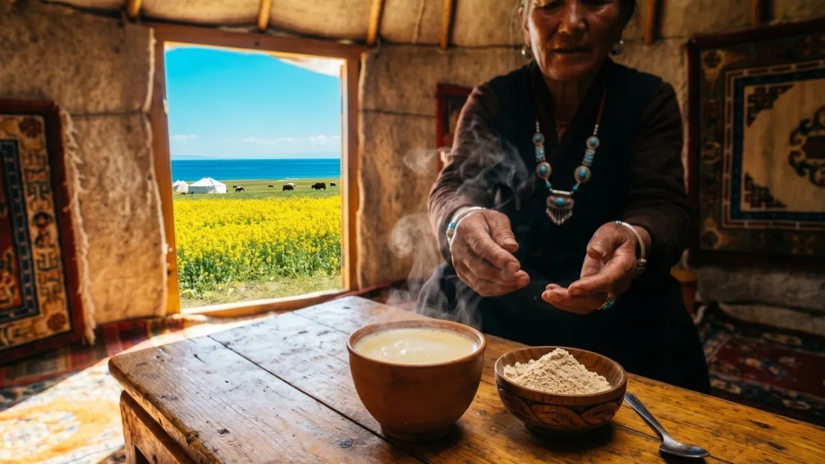 チベット族のテント内で振る舞われるバター茶と、入り口から見える青海湖の絶景.webp