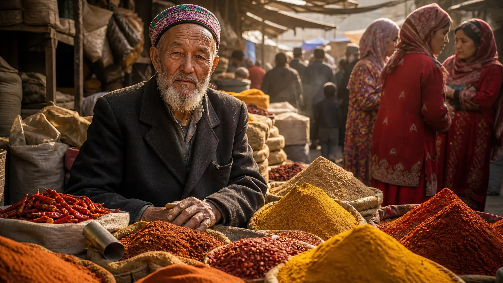 Elderly Uyghur vendor beside colorful spices at Kashgar Sunday Bazaar..webp