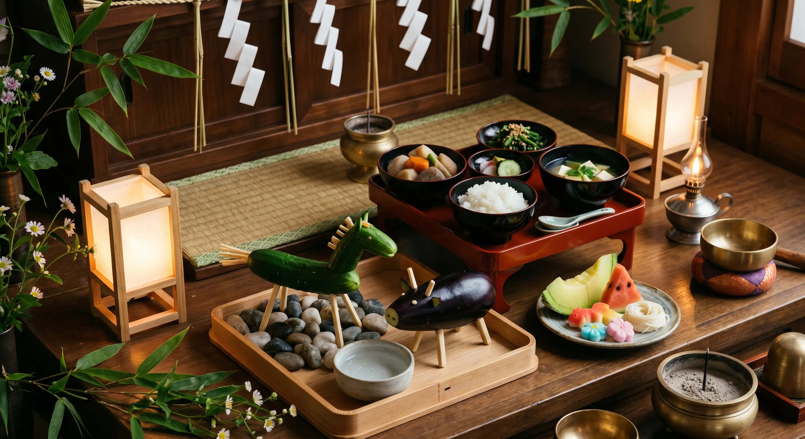 盆棚の精霊馬と精進料理.webp
