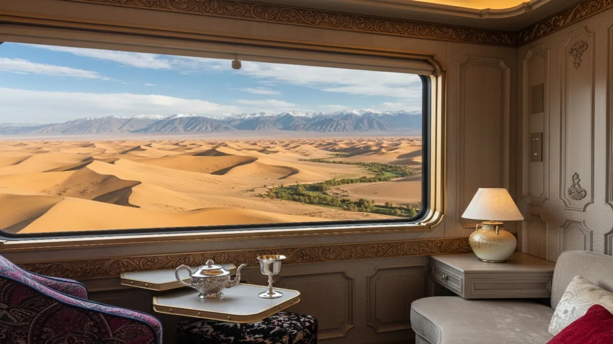 Luxury train window view of Silk Road desert.webp