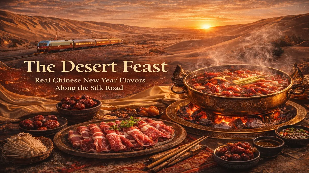 Yak hot pot at sunset with Silk Road luxury train in the desert.webp