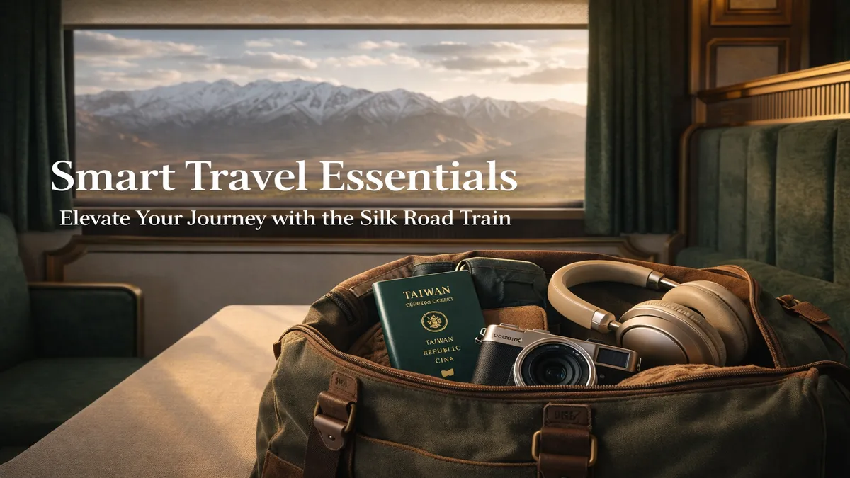 Travel essentials on a luxury Silk Road train with mountain view.webp