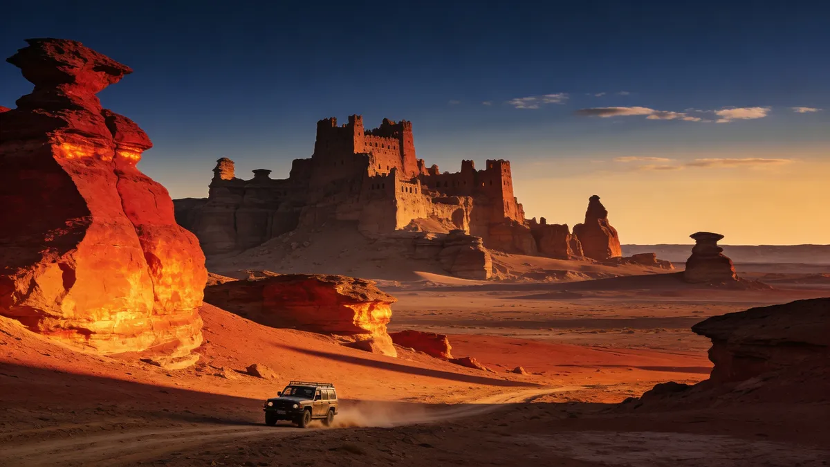 Yardangrocktowersglowingredorangeatsunset,withasmall4WDSUVonadeserttrailbeneathadeepbluesky..webp