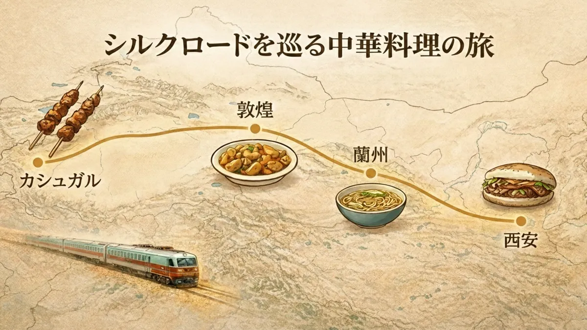 西安からカシュガルへ続く列車と食文化の地図風イラスト.webp