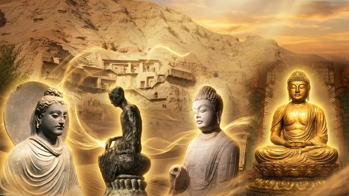 砂漠の遺跡を背景に、ガンダーラから日本まで各地の仏像.webp