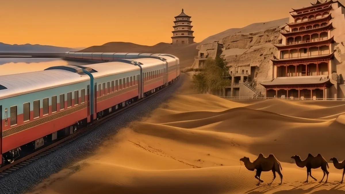 シルクロードの夕景。手前の鉄道と砂漠を歩くラクダ。その向こうには莫高窟と山々が見える